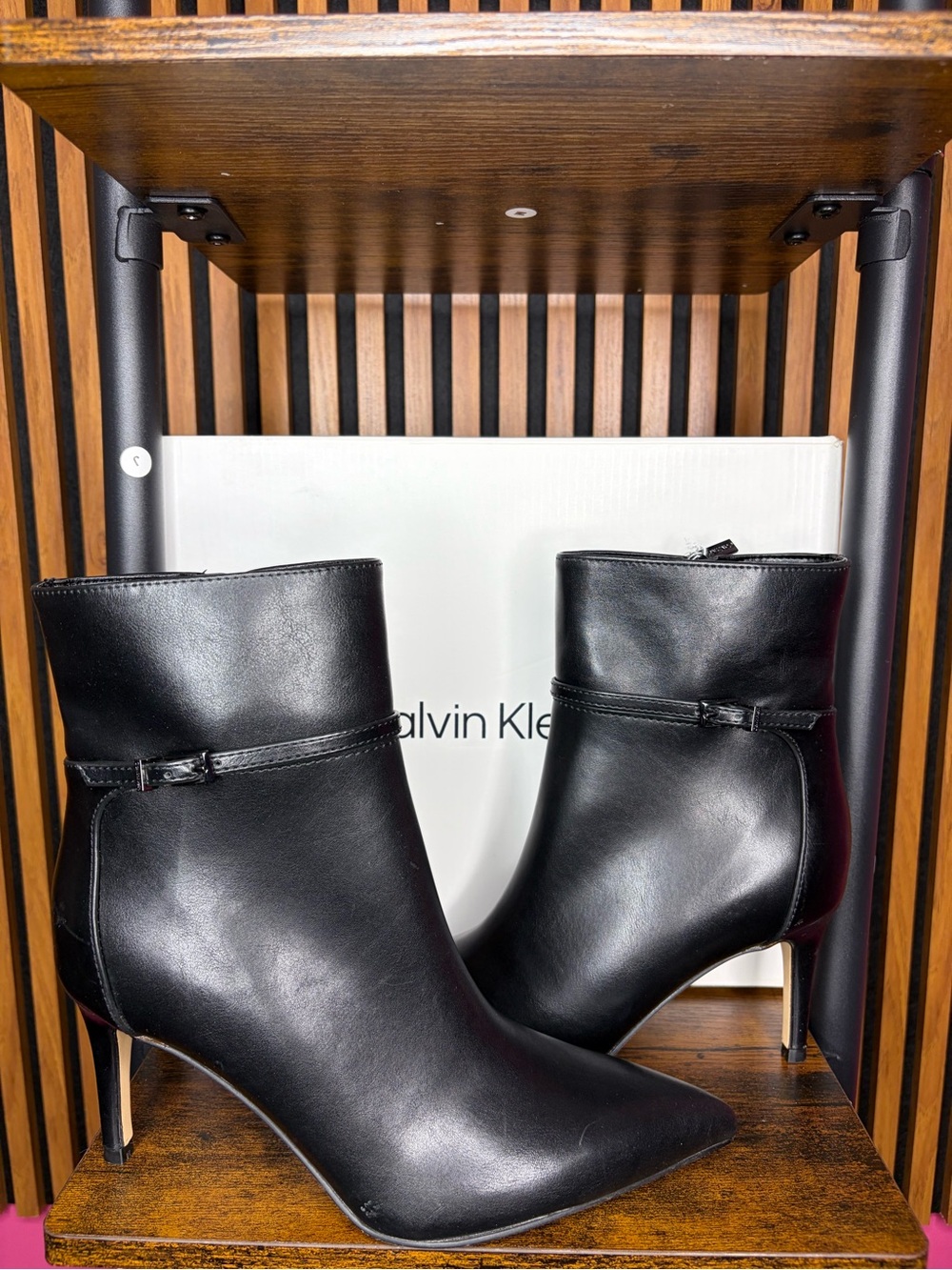 Calvin Klein Black Leather Pointed Ankle Booties with Slim Heel